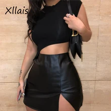 Xllais PU Sexy Cropped Skirt Women Fashion Mini Skirt All Match Mini Skirt