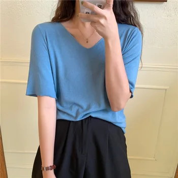 

2020 new Korean version of loose and versatile solid color short sleeve t-shirt