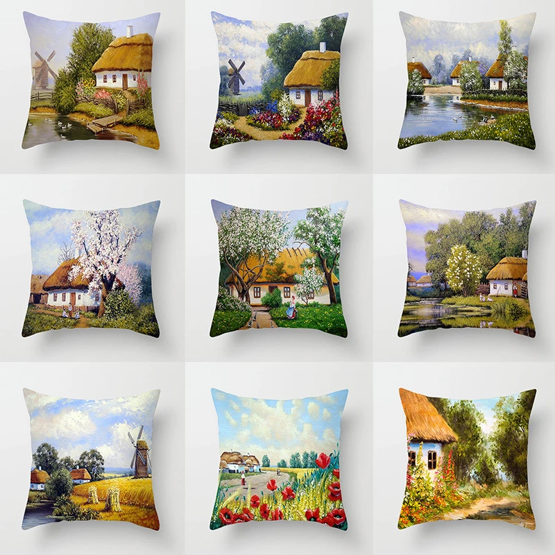 

Pillow Cushion Cover American Style Country Oil Painting Pillow Covers Decorative Scenery Christmas Pillow Case Farmhouse Decor