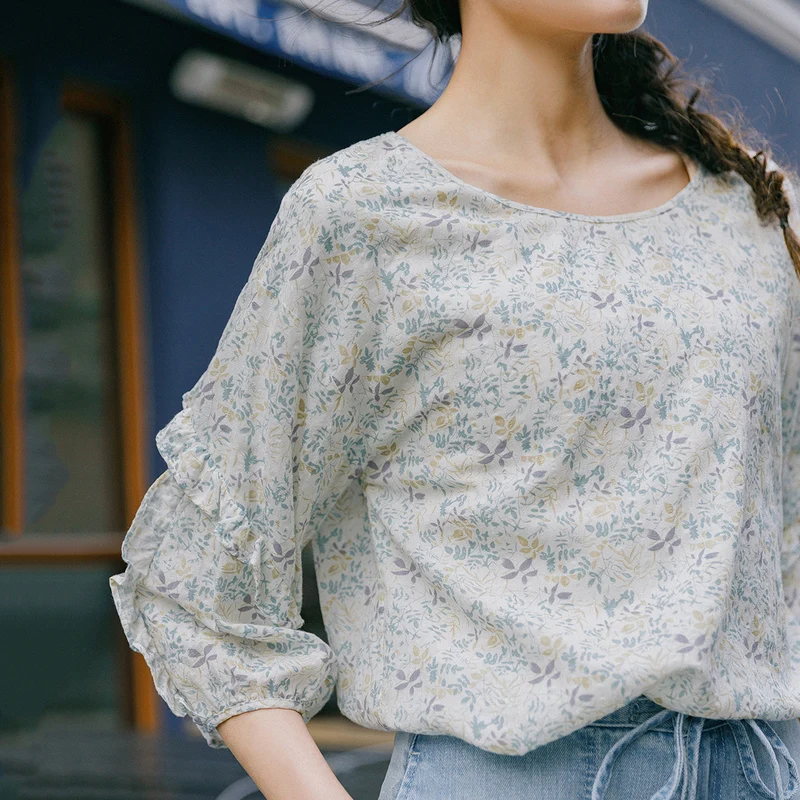 Koop Inman 2020 Lente Nieuwe Collectie Literaire Ronde Kraag Lantaarn Mouwen Bloemen Pastorale Stijl Pure En Verse Blouse