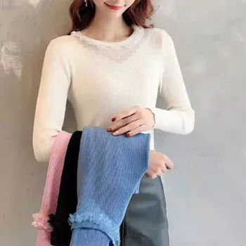 

Women Autumn Winter Solid Color Lace Stitching Slim Long Sleeved Round Collar Slim Bottom Knit Sweater Pink Blue Black White New