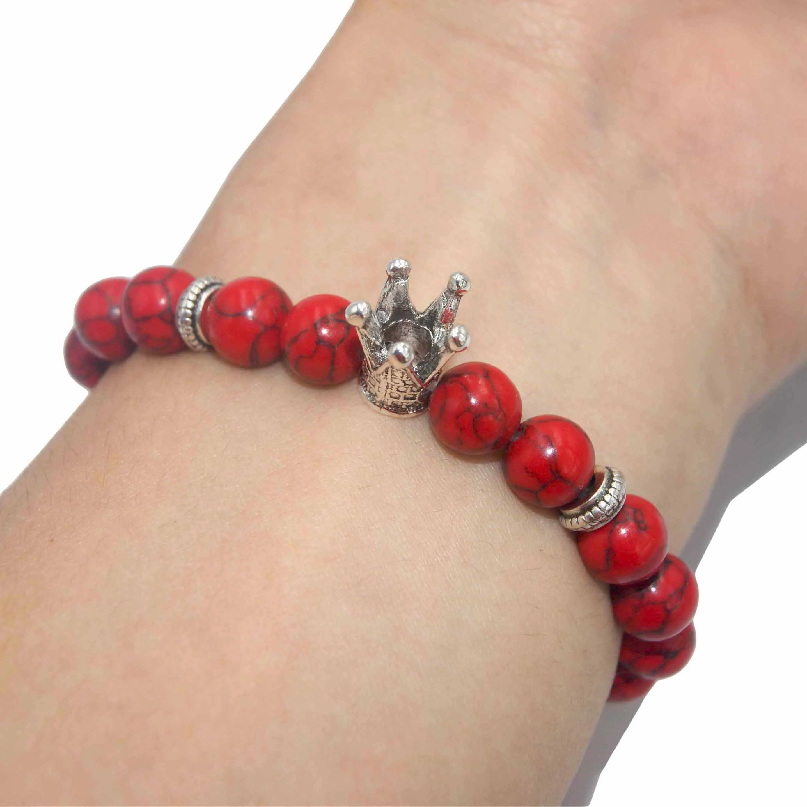 Red Turquoise Натуральный камень Серебристая Корона Браслет Лазурит Агаты тигровый глаз камень Бусины Йога браслет ювелирные изделия для мужчин женщин друг подарок - Окраска металла: Red Turquoise