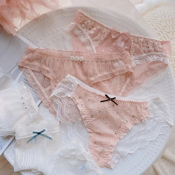 

Underpants Women Japanese Teen Girl Sweet Small Fresh Net Yarn Lace Trim Bowknot Sexy Solid Color Briefs GIrl Panties Three pack