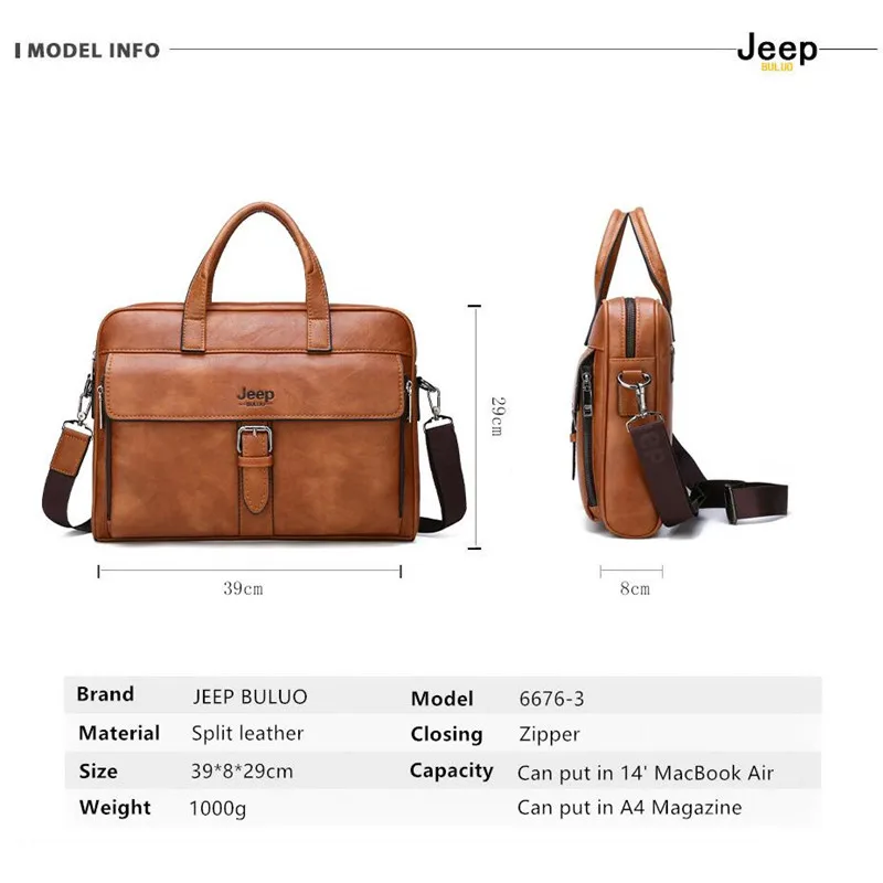 Мужской деловой портфель JEEP BULUO черная Дорожная сумка из спилка для ноутбука 14