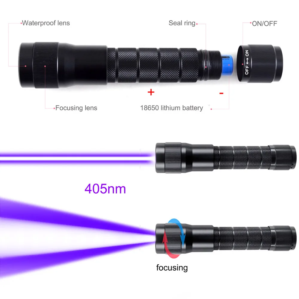 CWLASER 520 нм зеленый/650 нм Красный/405 нм фиолетовый/450 нм Синий Фокусируемый(IPX-8) Водонепроницаемый Дайвинг лазерный фонарик(черный