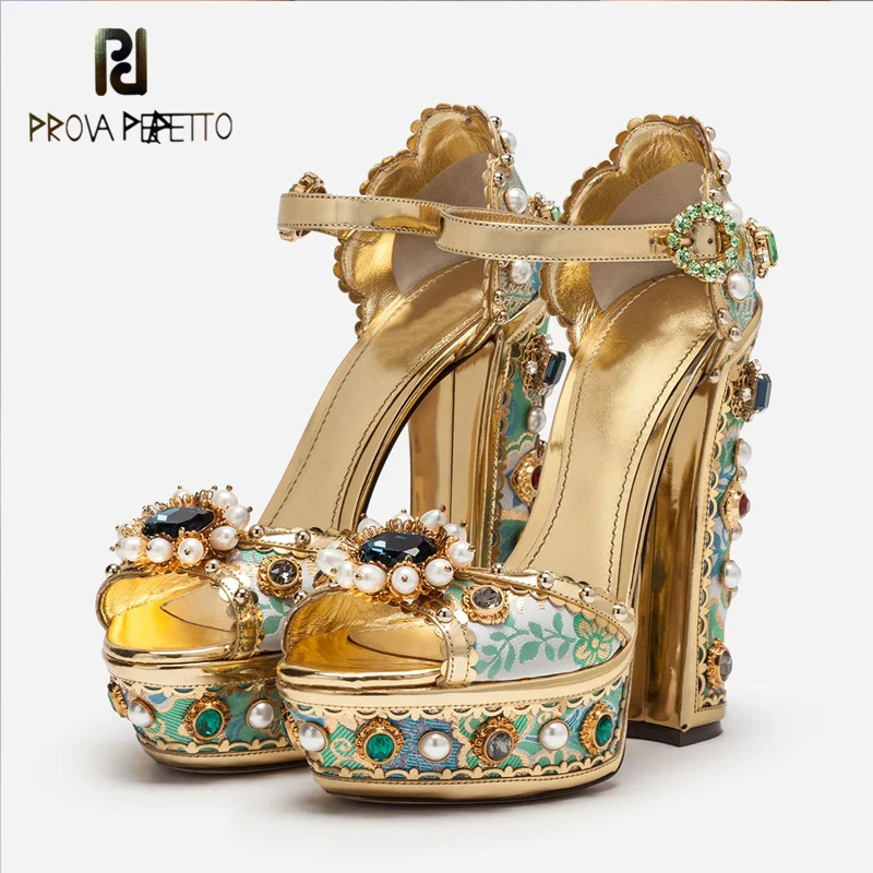 

Customized Diamond Jewelry Embroidery Platform Super High Heels Sandals Retro Baroque Peep Toe High Heels Large Ankle Strap