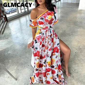 

Women Off Shoulder Short Sleeve Maxi Dress Sexy High Slit Floral Printed Boho Beach Dress Elegant Evening Party Vestidos