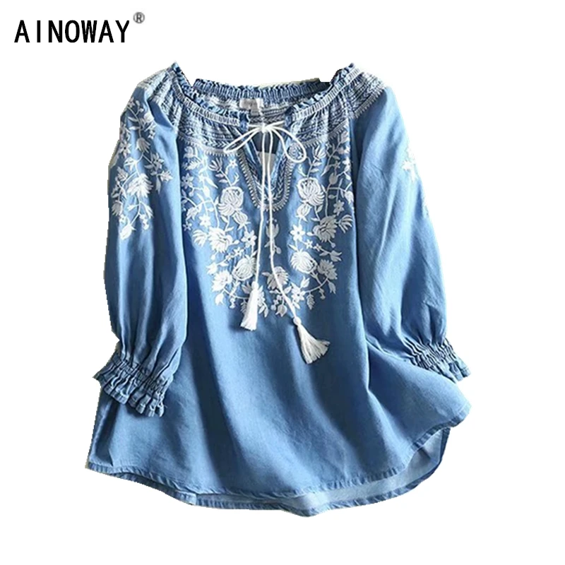 Shirt Jeans Tassel Denim Blouse Floral-Embroidery Boho Long-Sleeve Chic Bohemian Vintage