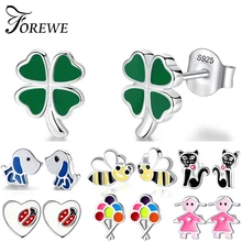 925 пробы Серебряные Симпатичные серьги-гвоздики милые божья коровка кошка животные цветок сердце серьги с эмалью ювелирные изделия для девочек