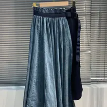 Новая Женская мода Сексуальная нерегулярная джинсовая сшитая шерстяная плиссированная юбка с пряжкой на талии 1207