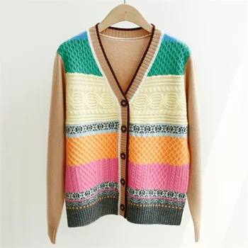 

100% Cashmere Womens Knitted Cardigan Sweater Color Patchwork V-neck Long Sleeve Knitwear Top 2020 New Single-breasted Knit Coat