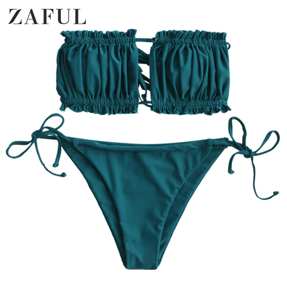 Купальник бикини с оборками без бретелек и завязками по бокам Zaful