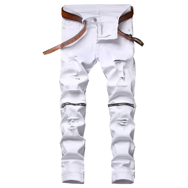 Mens Straight Hole Ripped Jeans Autumn Zipper Trousers Men Jeans