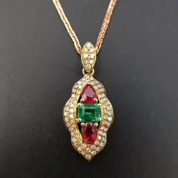 شراء18K الذهب 0.808ct الطبيعية روبي و الزمرد قلادة قلادة 0.336ct الماس مرصع غرامة مجوهرات الياقوت-مجوهرات
