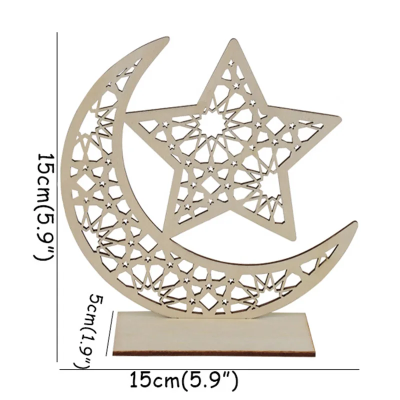 Three Patterns Mobestech 3PCS Ramadan Mubarak Eid Decorations Wooden Moon Star Lights Table Top Ornaments for Home Party Supplies 