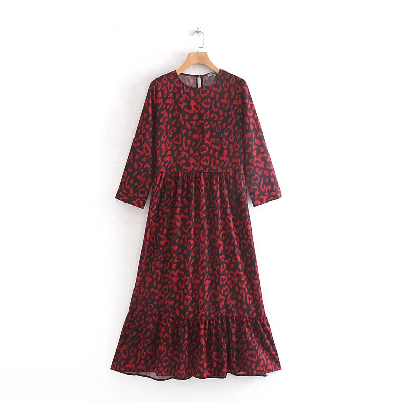 

QZ900 Autumn Women O Neck Long Sleeve Leopard Red Color Sweep long Dress