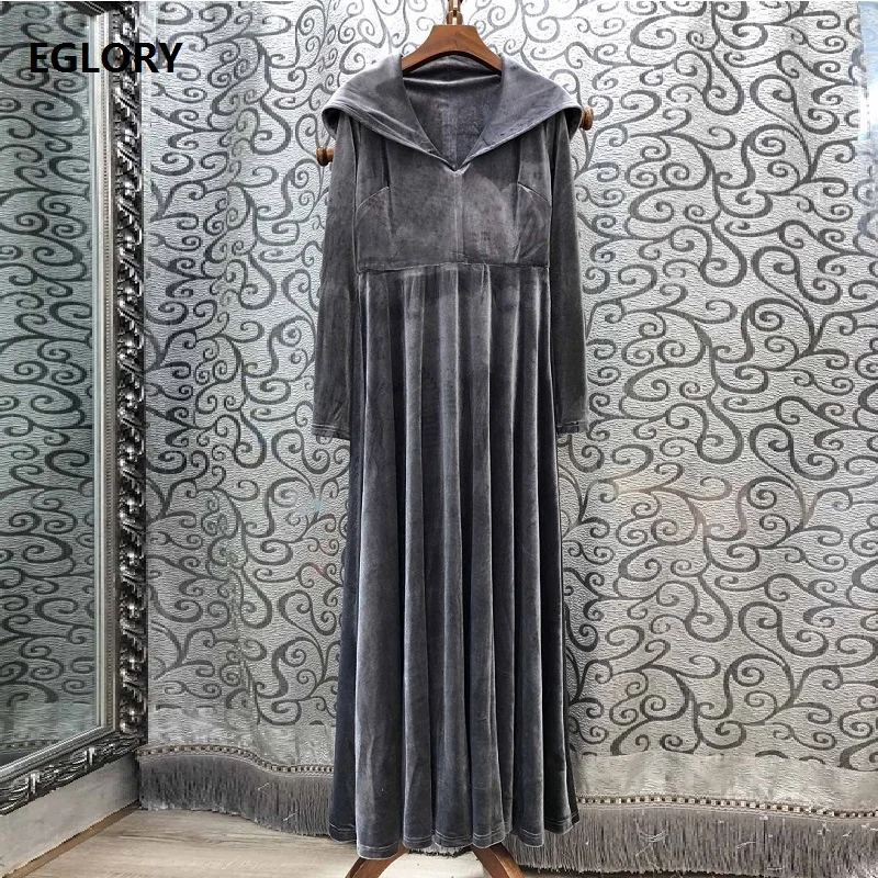 Top Kwaliteit Nieuwe 2019 Herfst Winter Fluwelen Lange Jurken Vrouwen Hooded Soft Grey Velours Lange Maxi Jurk Vintage Partij Dames