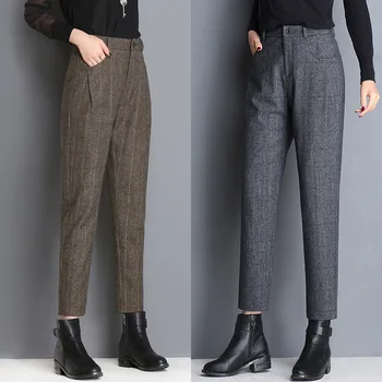 

Autumn Winter High Quality Wool Straight Pants Fashion Office Lady Suit Pants Female Thicken Plaid Casual Warm Haren Pants