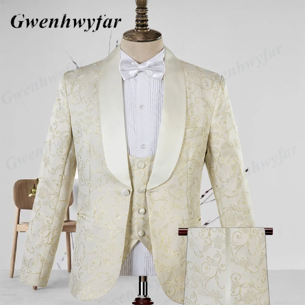 Gwenhwyfar Tailor-made Men Tuxedos Cream Color Gold Line Embroidery Costume Formal Shawl Lapel Men Suits 3 Pcs