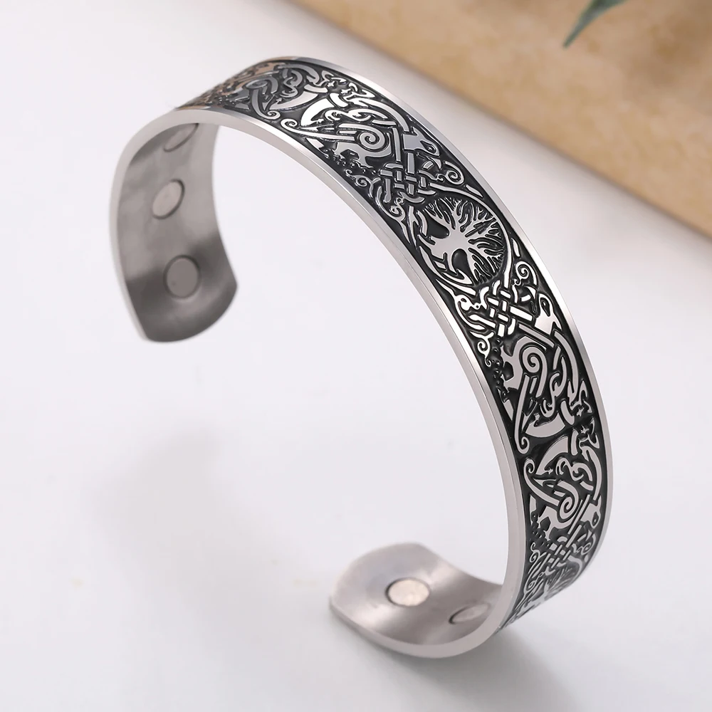 Viking Bangles Endless Love Knots Tree of Life Birds 316L Stainless Steel Cuff Magnetic Bangle Therapy Health Men Jewelery
