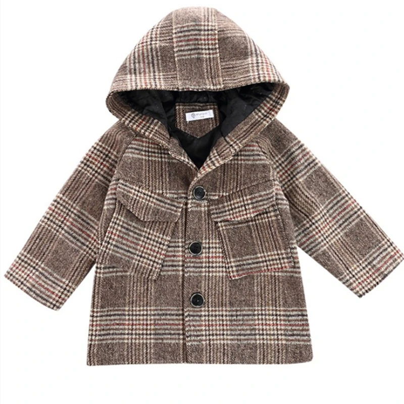 Children's Thickened Woolen Overcoat Fall Winter New Boys Fashion Plaid Hooded Trench Coat Baby Kids Casual Jacket Outerwear B358