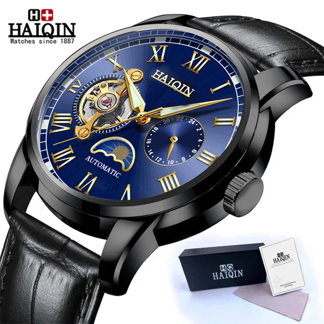 HAIQIN Automatic Mechanical Watch Men Stainless Steel Watches Mens Brand Luxury Business Waterproof Wristwatch relogio masculino Black Blue