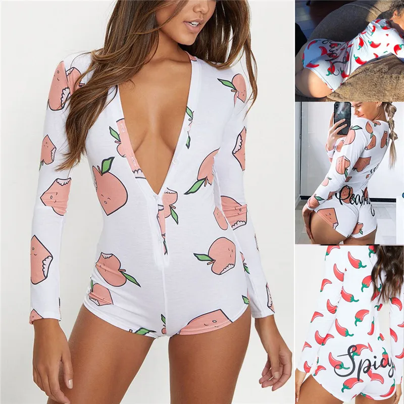 Sexy Women Deep V-neck Bodycon Sleepwear Jumpsuit Bodysuit Shorts Romper Bodysuit Leotard Long Sleeve Print Button Bodysuit New