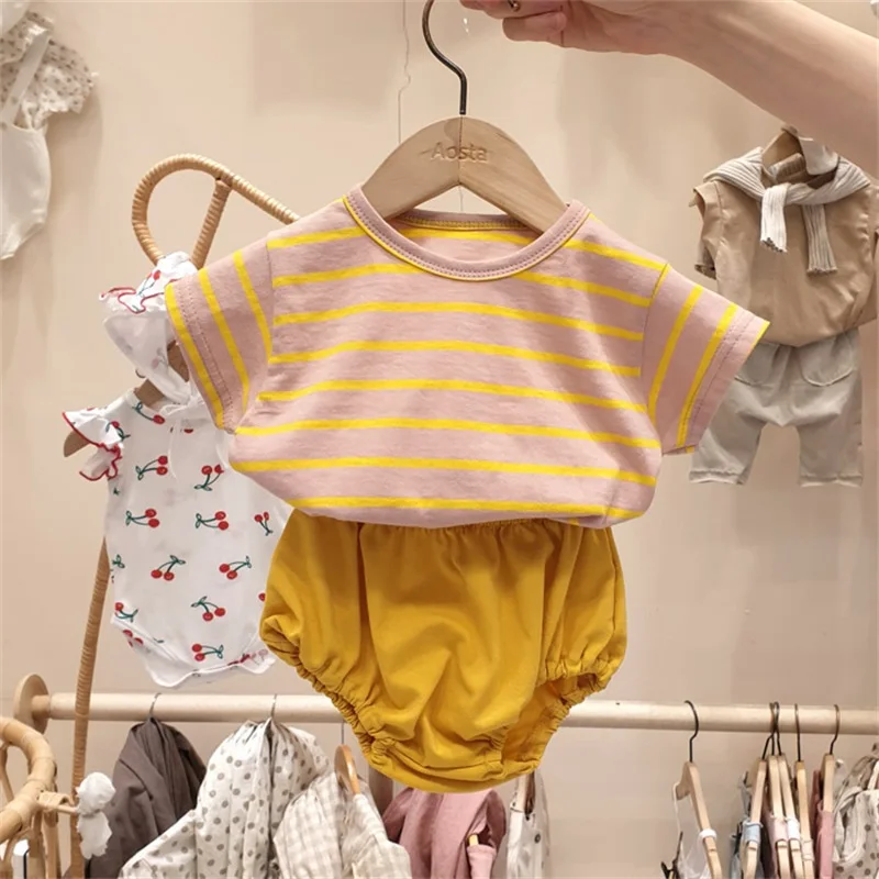 

2022 Casual Short-Sleeved Shorts Sets For Boys Striped Summer Clothes Newborn Baby Home Service Suit For Girls 1-4 Years Outfit