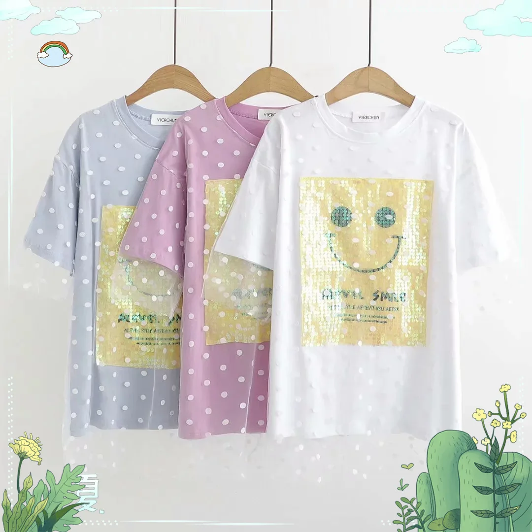 

2019 Summer New Style Fresh Simple College Style Applique Sequin Smiley Printed Gauze Short Sleeve T-shirt Tops Fashion