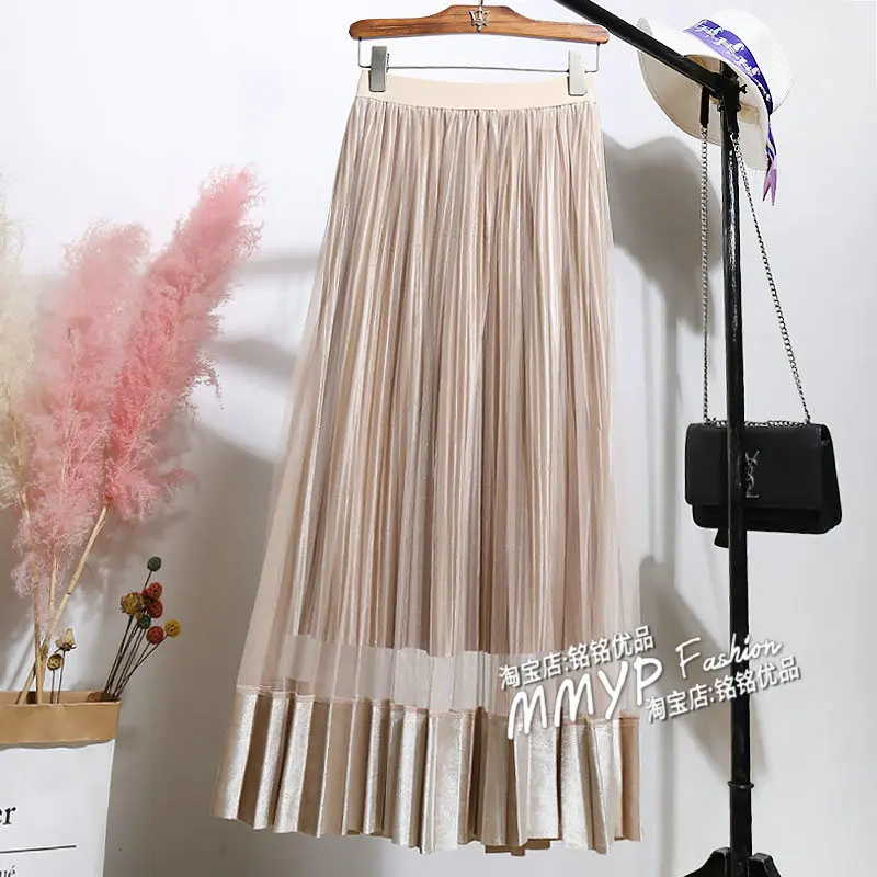 Тюлевая бархатная длинная юбка с высокой талией, Женская плиссированная юбка с сеткой, Весенняя элегантная женская юбка для офиса, Saias