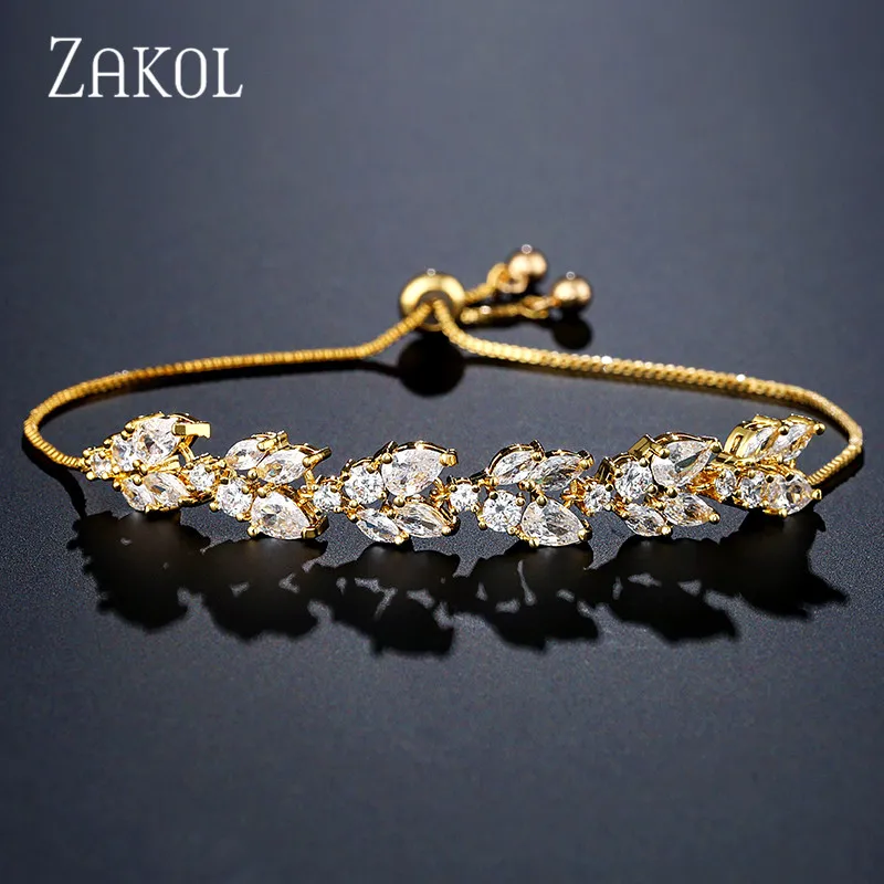 ZAKOL высокое качество белый кубический цирконий лист регулируемые браслеты для женщин модные свадебные украшения FSBP2159 - Окраска металла: Gold Color