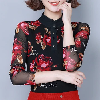 

JUAY KALA womens tops and blouses 2020 Spring Printed Bottoming Shirt Ladies Long-sleeved Shirt Slim Mesh Gauze Was Thin T-shirt