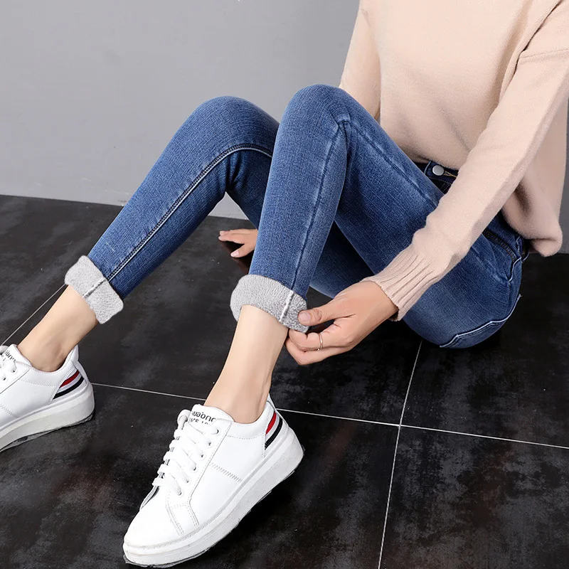 

High Waist Plus Velvet Thick Jeans Women Winter Warm Stretch Skinny Female Denim Pencil Pants Plus Size Casual Ladies Trousers