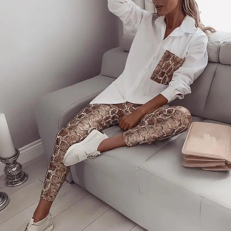 

Women Snake Print Two Piece Set Leopard Pockets Turn-Down Collar Shirt Pencil Pants Suit Fashion Casual Outfits Tracksuits