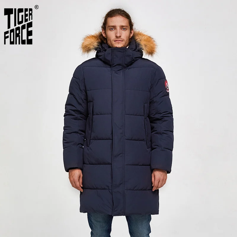 Мужская парка TIGER FORCE Длинная зимняя куртка на Аляске с капюшоном из меха енота