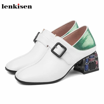 

Lenkisen crystal heels mixed colors cow leather shoes belt buckle square toe high heels spring women mature fashion pumps L11
