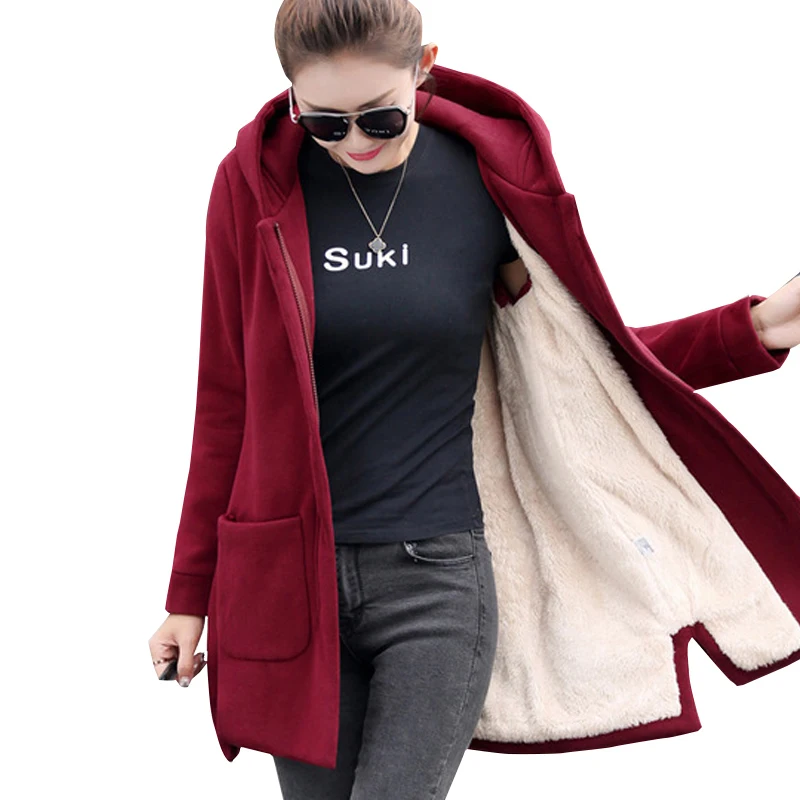 Осень-зима, Женская флисовая куртка, пальто, женские длинные пальто с капюшоном, верхняя одежда, теплая плотная Женская Красная приталенная куртка с капюшоном