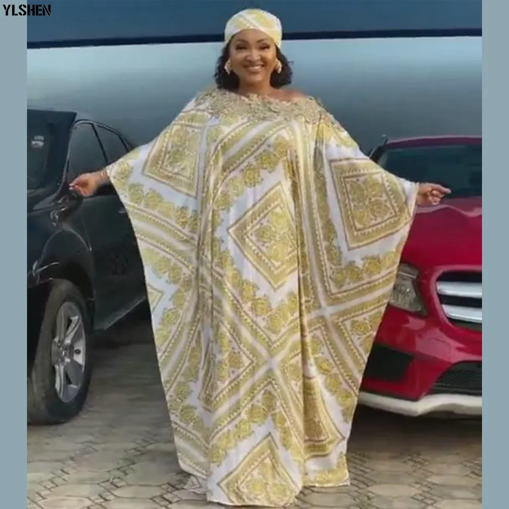 Plus Size African Maxi Dress Women Clothes Summer Dashiki Silk Print Sloping Shoulder Robe Boubou Africaine 07