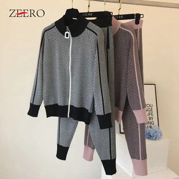 

Women Turtleneck Zipper Cardigans 2 Piece Set Tracksuit Autumn Winter Sweatsuits Knitted Sport Sweater Pant Set Trousers Suits