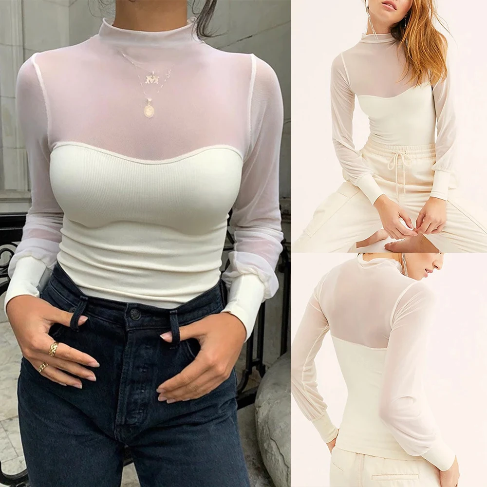 

Autumn Long Sleeve T-shirts Women Mesh Patchwork Tee Shirts Ladies Eegant Slim Tshirts Tops Female Solid Colour Stand Collar Tee