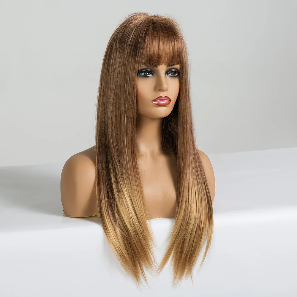 EASIHAIR Long Straight Light Blonde Ombre Wigs with Bangs Synthetic Wigs for Black Women Cosplay Wigs High Temperature Fiber Wig