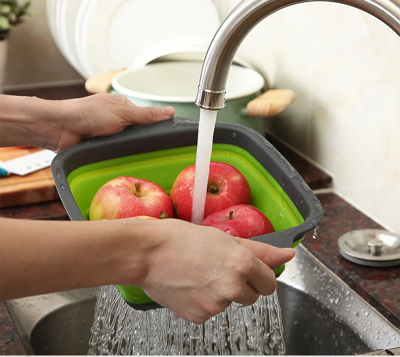 2pcs/set Foldable Silicone Colander Fruit Vegetable Washing Basket Strainer Collapsible Drainer With Handle Kitchen Tool