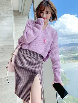 

Cross V-neck Short Knitted Sweater + Contrast Checkered Slip Strap Skirt Two-piece Female 2020 Autumn New