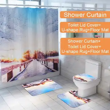 

Winter Snow Print Shower Curtain Bath Account Carpet Set Home Bathroom Toilet Seat Bathroom Partition Curtain Decoration
