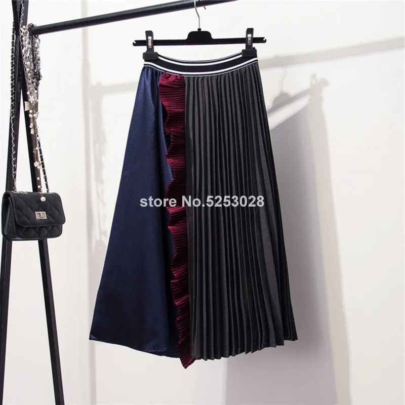 Юбки Женские высокие уличные модные контрастные цвета Лоскутная плиссированная юбка эластичная высокая талия а линия Асимметричная гофрированная миди юбка