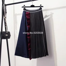 Юбки Женские высокие уличные модные контрастные цвета Лоскутная плиссированная юбка эластичная высокая талия а линия Асимметричная гофрированная миди юбка
