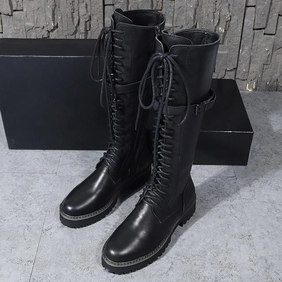 

SONFRNCH 2019 Autumn New Women's Boots Genuine Leather Tie British Retro High-boot Slim Locomotive Boots