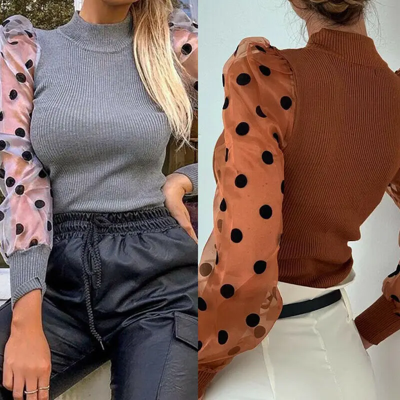 Newest Fashion Sexy Women Ladies Puff Mesh Sleeve Tops Pullover Sweater Loose Jumper Tops Hot Sale