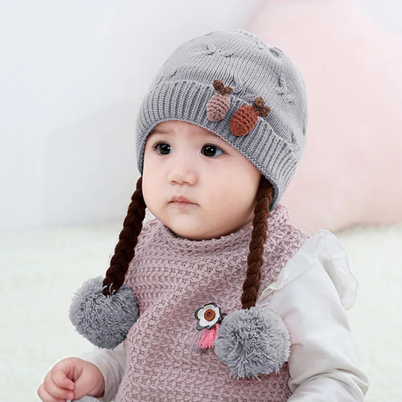 Шапка с рисунком медведя для девочек, новая зимняя шапка, детские шапки для девочек, вязаные шерстяные детские шапки, милая Цветочная шапочка для маленьких девочек, одежда для новорожденных детей - Цвет: Grey -AX1265