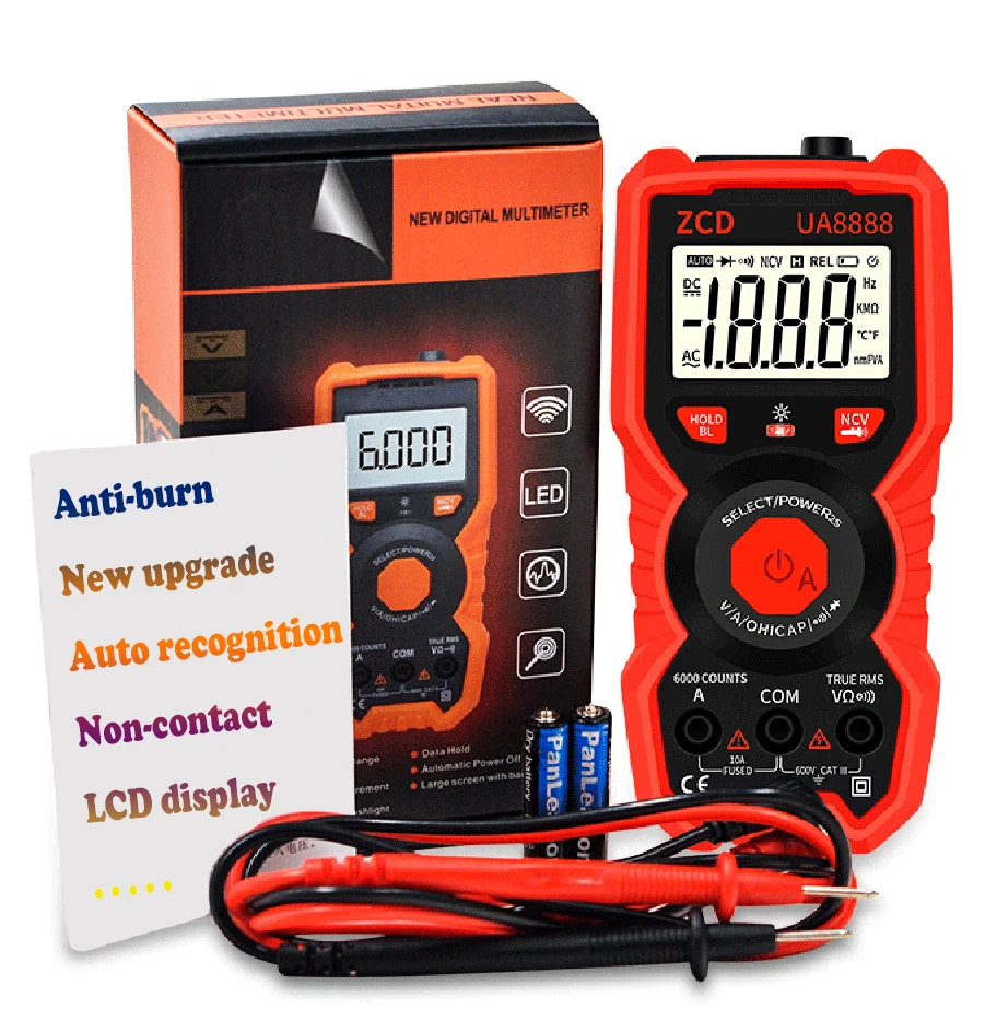 

UA-8888 NCV Auto Intelligent LCD Digital Multimeter Backlight Large Screen AC/DC Voltage Current Ohm Meter Electrician Tools